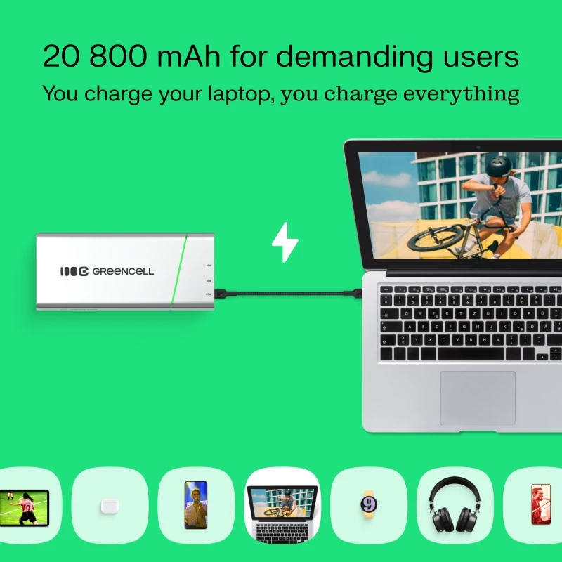 Przenośny akumulator zielony Cell BPLGC20P 20800 mAh litowo-jonowy, USB-C PD 65W, 2x USB-C + 1x USB-A, aluminiowa obudowa