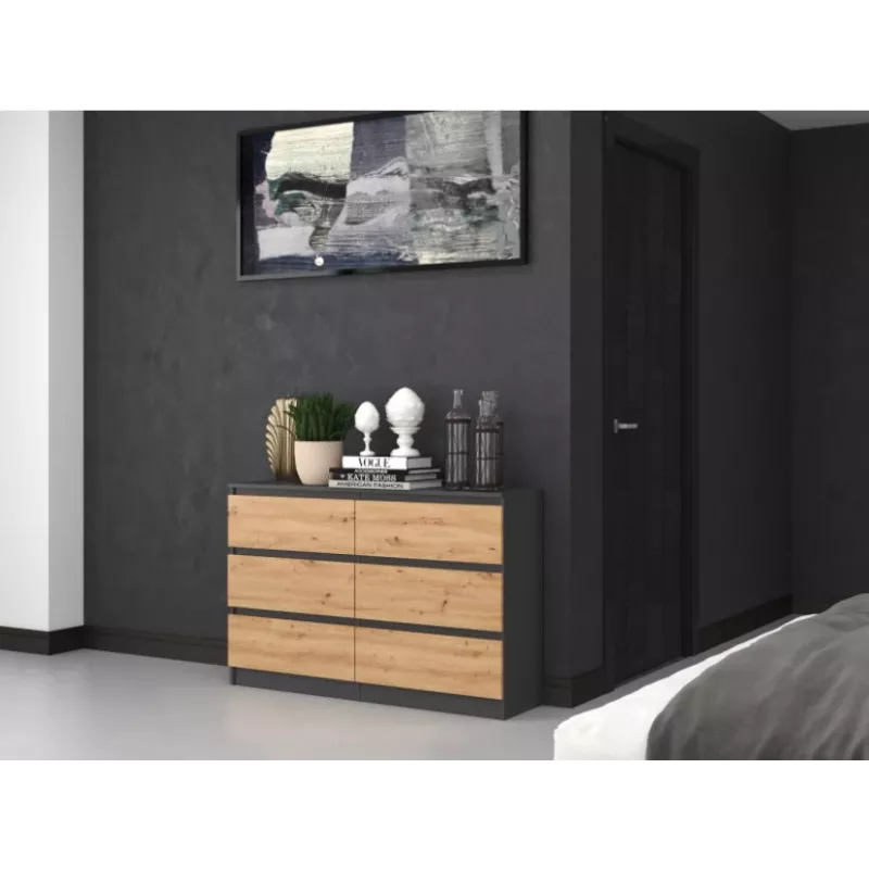 Komoda top e shop M6 120 — antracyt/dąb, 6 szuflad, 1200×300×770 mm, płyta wiórowa