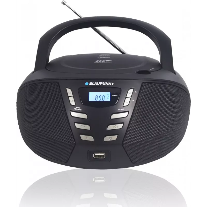 Przenośny odtwarzacz CD Blaupunkt BB7BK — MP3, radio FM, USB, AUX, zasilanie bateryjne, 2 wbudowane głośniki, 240×230×128 mm