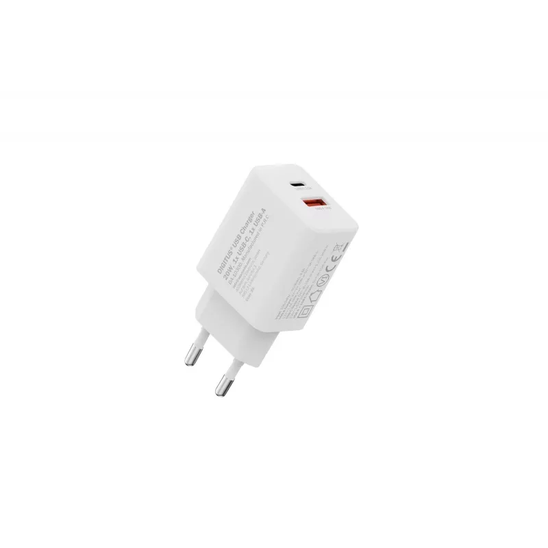 Ładowarka sieciowa USB DIGITUS 20W, 1x USB-C, 1x USB-A, wejście 100–240V, biała