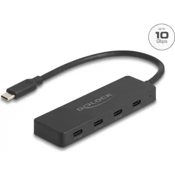 USB Type-C hub DELOCK 64322 — 4× porty USB‑A, 10 Gb/s, czarny