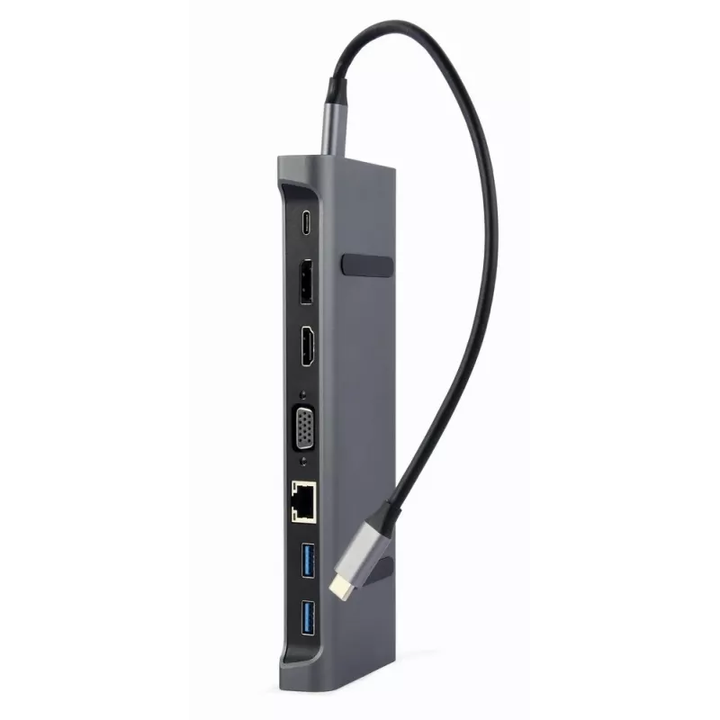Stacja dokująca do laptopa Gembird A-CM-COMBO9-02 USB 3.2 Gen 1 Type-C, HDMI, VGA, 3×USB-A, Gigabit Ethernet, 87 W PD, szara