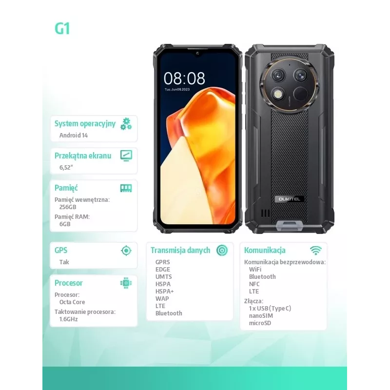 Smartphone Oukitel G1 6,52 cala 6 GB/256 GB Czarny