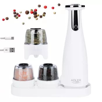 Zestaw młynków do soli i pieprzu Adler AD 4449W Steel biały, ceramiczny żarna, 150 ml, ładowanie USB-C