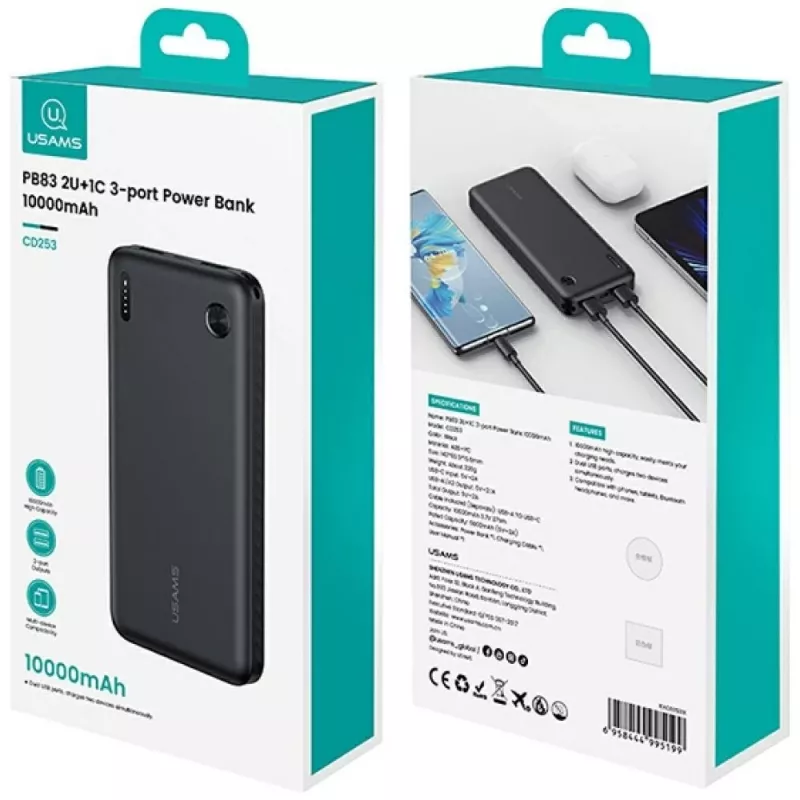 Power bank usams PB83 10000mAh PD 2×USB-A USB-C biały