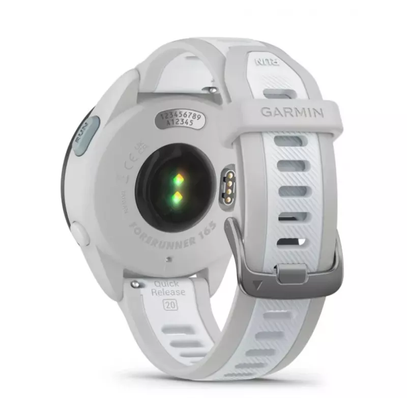 Smartwatch GARMIN Forerunner 165 — GPS, AMOLED 1,2 cala, 4 GB, 5 ATM, 11 dni pracy na baterii, szara koperta, biały pasek