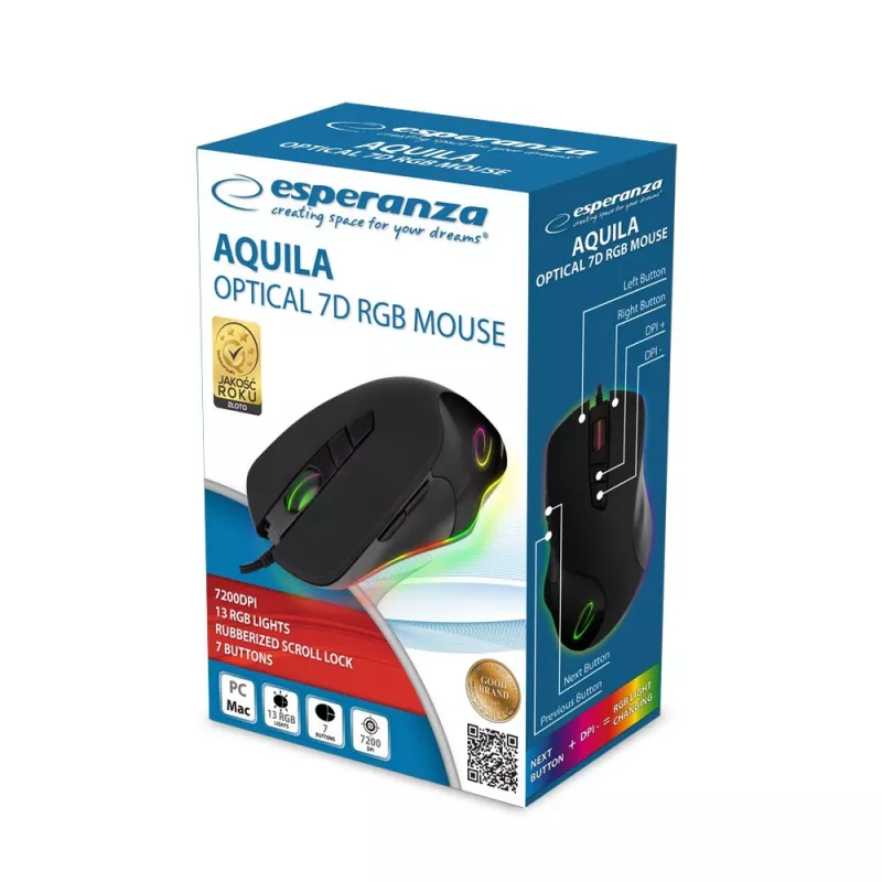 Optyczna mysz gamingowa ESPERANZA EM132 — 7 przycisków, 7200 DPI, RGB, praworęczna, USB 2.0, kabel 1,5 m