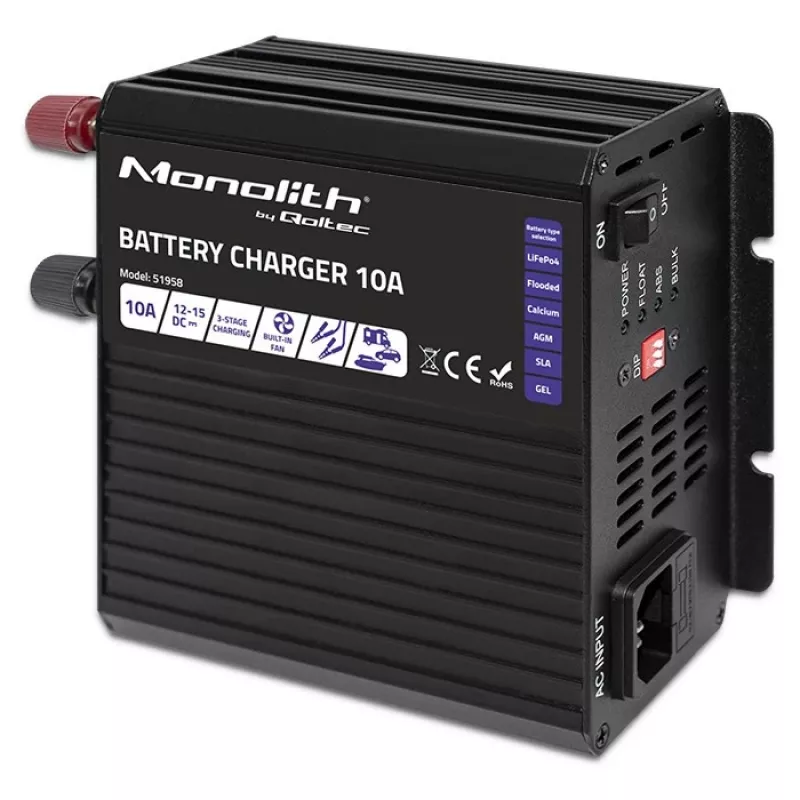 Qoltec Smart Monolith ładowarka akumulatora do akumulatorów LiFePO4 AGM GEL SLA | 10A | 12V