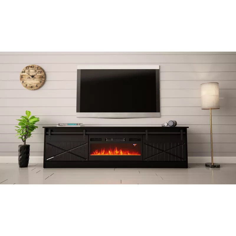 Stojak pod telewizor z kominkiem Cama Meble GRANERO — 200 x 56,7 x 35 cm, czarny/czarny połysk, 2 drzwi, 2 półki, drzwi przesuwne, MDF/płyta wiórowa