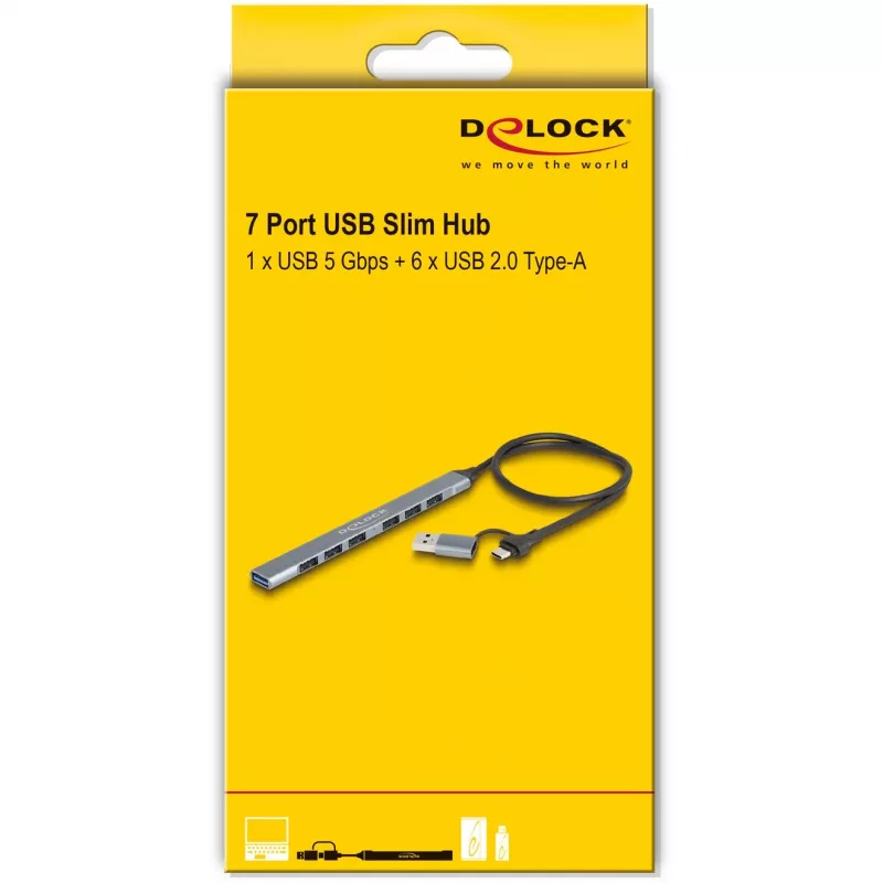 DELOCK 4 Port cienki USB Hub — Host USB 3.2 Gen 1 Type-C, 3× USB 5 Gbps Type-C + 1× USB 5 Gbps Type-A, szary, metal