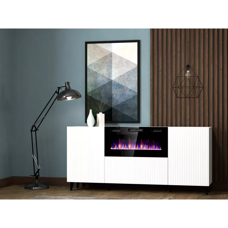 Komoda z kominkiem elektrycznym Cama Meble PAFOS, 180x42x82 cm, biały mat, 1400–1600 W, bezuchwytowa, 3 drzwi, 2 półki