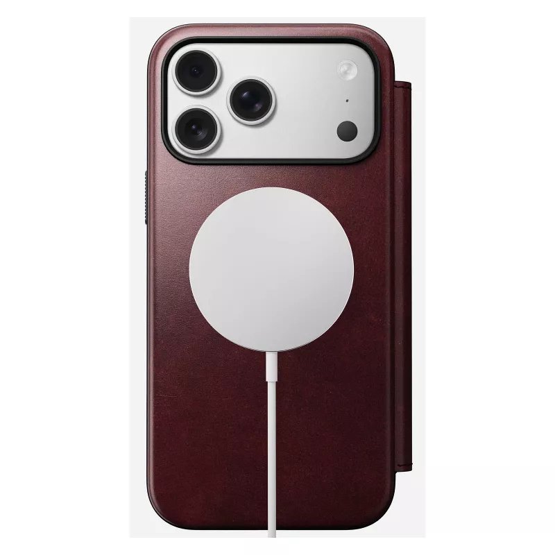 Etui na telefon Nomad Modern Leather Folio do iPhone 17 Pro Max — skóra, TPU, PC, aluminium, burgund, 16 cm (6,3 cala)