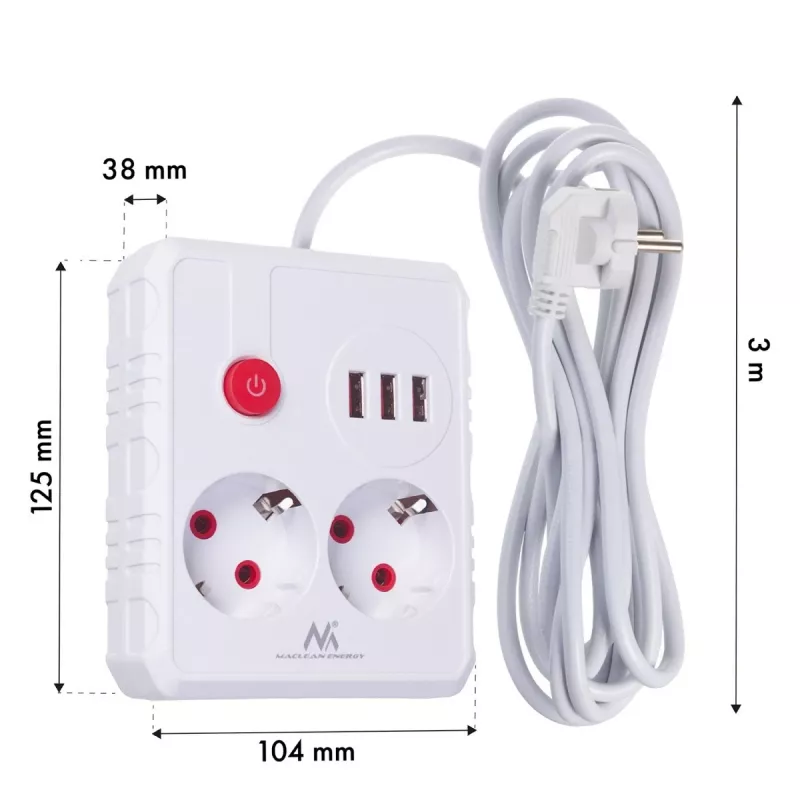 Listwa zasilająca MACLEAN MCE388 W — 2 gniazda, 3×USB, 110–240V, 2500W, kabel 3 m, biała