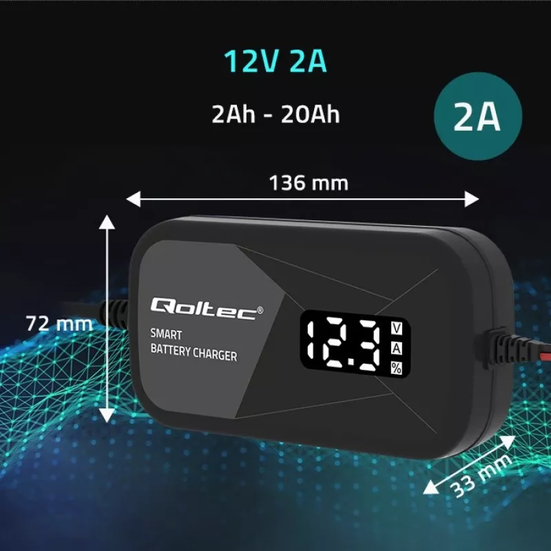 Ładowarka akumulatorów QOLTEC 52492 12V 2A z kontrolą mikroprocesorową i regeneracją ogniw