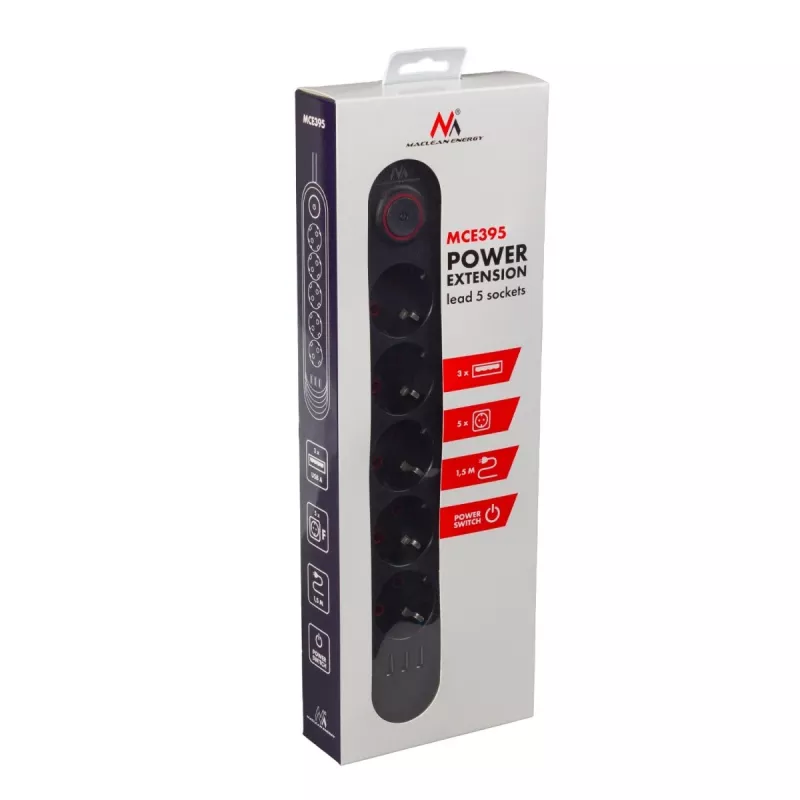 Listwa zasilająca MACLEAN MCE395 B — 5 gniazd, 3×USB, 110–240 V AC, 2,1 A USB, 2500 W, przewód 1,5 m, czarna