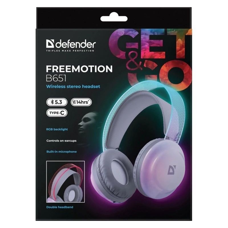 Bezprzewodowe słuchawki nauszne DEFENDER Freemotion B651 — binauralne, zamknięte akustycznie, 20–20000 Hz, 105 dB, USB-C, AUX