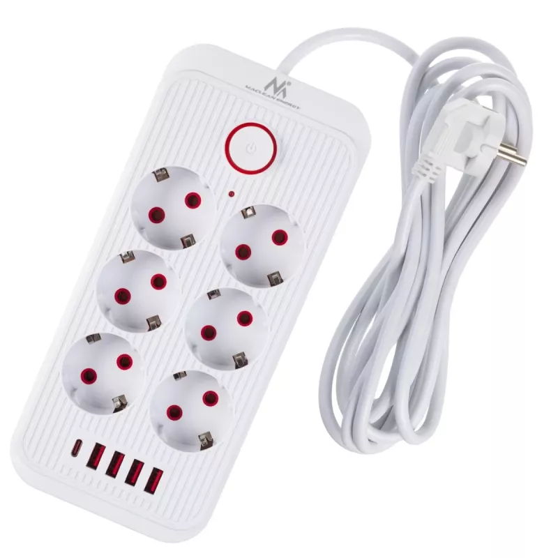 Listwa zasilająca MACLEAN MCE391 W — 6 gniazd, 4×USB-A + 1×USB-C, kabel 3 m, 110–240 V, 2500 W, biała