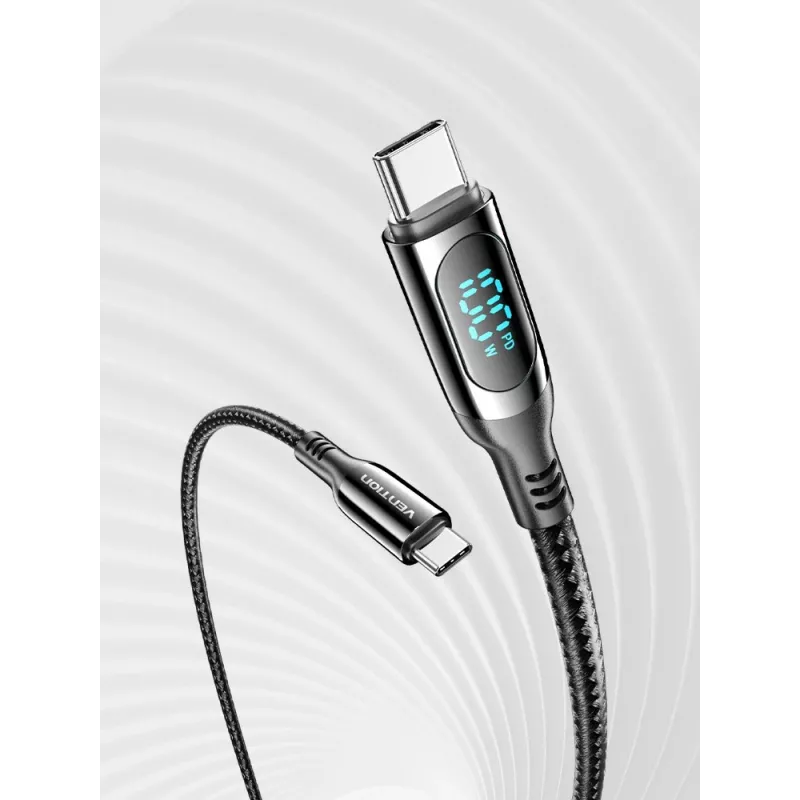 Vention bawełniany pleciony kabel USB 2.0 C męski na C męski 5A z wyświetlaczem LED 1,2 m czarny stop cynku typ