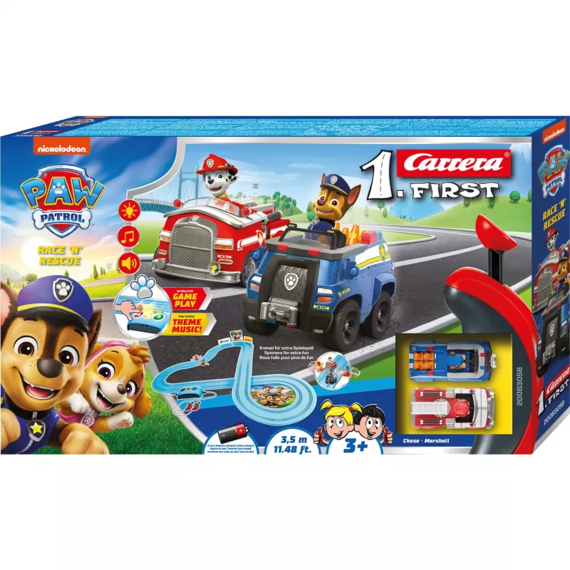 CARRERA tor wyścigowy First Paw Patrol Race N Rescue 3,5 m – zestaw toru samochodowego slot car