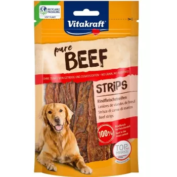 Przysmak dla psa Vitakraft Pure Beef Strips 80 g — jednoskładnikowa wołowina, bez zbóż, bez glutenu, odpowiedni dla wszystkich ras
