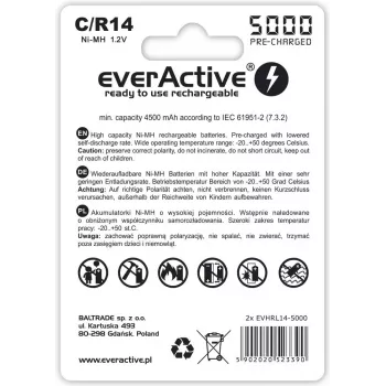 Akumulator cylindryczny NiMH everActive EVHRL14-5000, 1.2 V, 2 szt., wysokość 51,5 mm