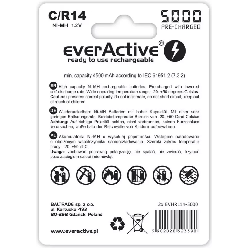 Akumulator cylindryczny NiMH everActive EVHRL14-5000, 1.2 V, 2 szt., wysokość 51,5 mm