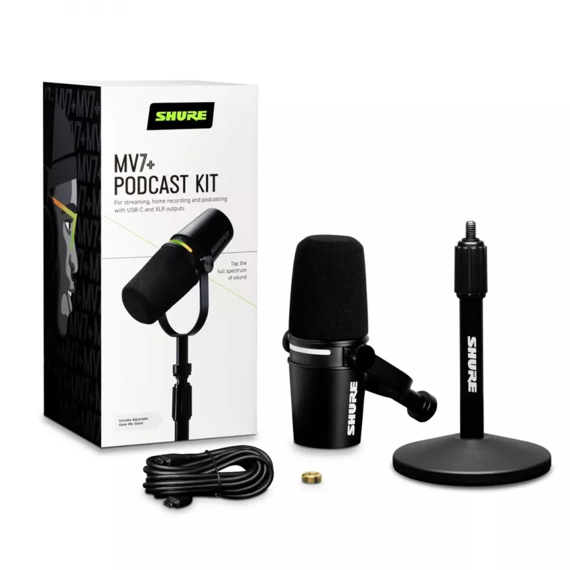 Shure MV7+-K-BNDL – mikrofon krasomówczy/wokalowy ze złączem XLR/USB-C, czarny + statyw biurkowy GATOR