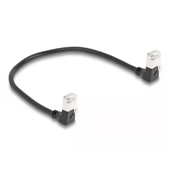 DeLOCK Kabel sieciowy RJ45 kat.6A S/FTP cienki 90° w dół 0,25 m czarny