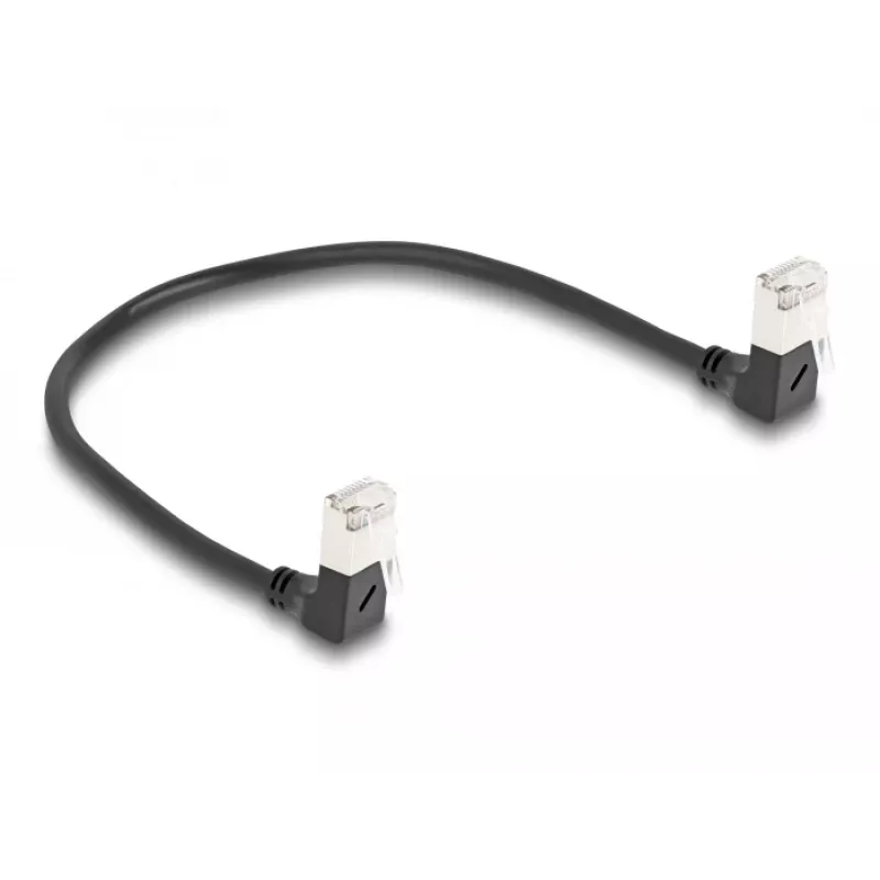 DeLOCK Kabel sieciowy RJ45 kat.6A S/FTP cienki 90° w dół 0,25 m czarny