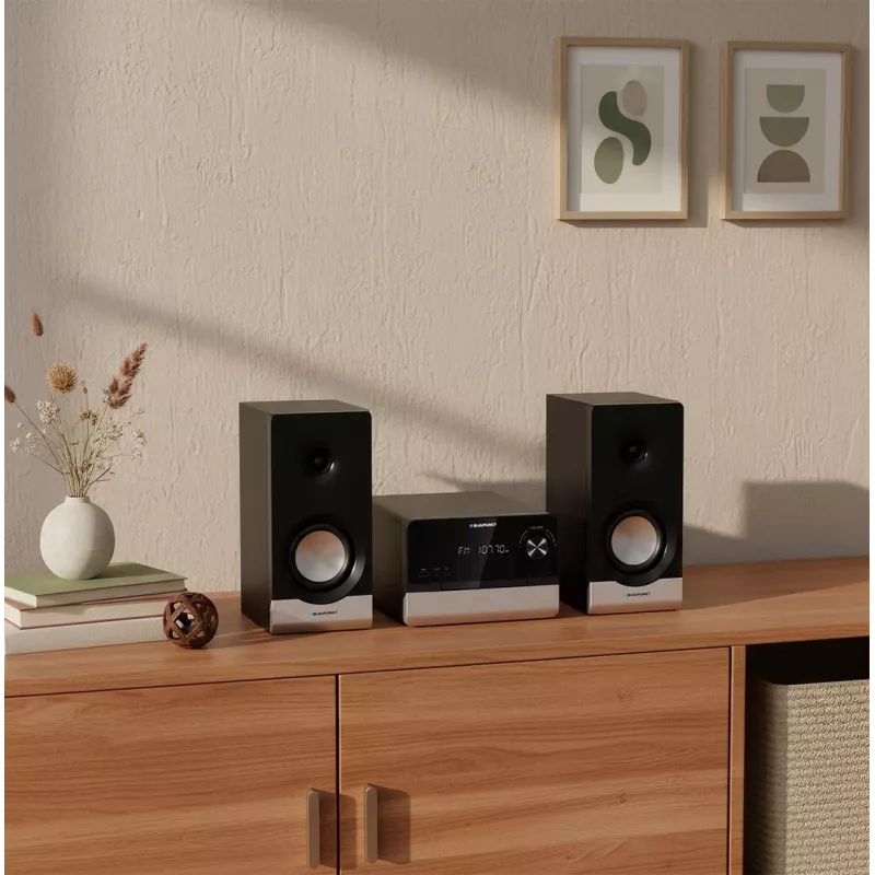 Mikrowieża hi-fi BLAUPUNKT MS40.2BT — 2×50 W RMS, Bluetooth, CD, USB, HDMI ARC, wejście optyczne, wyświetlacz LED (czarna)