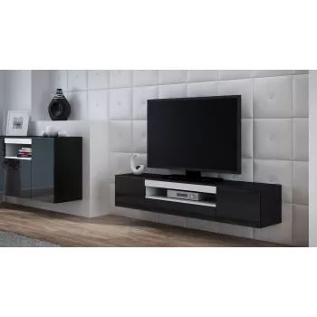 Szafka TV cama meble VIVA 180 — 1800×400×370 mm, czarny blat (płyta wiórowa), czarna rama, białe akcenty