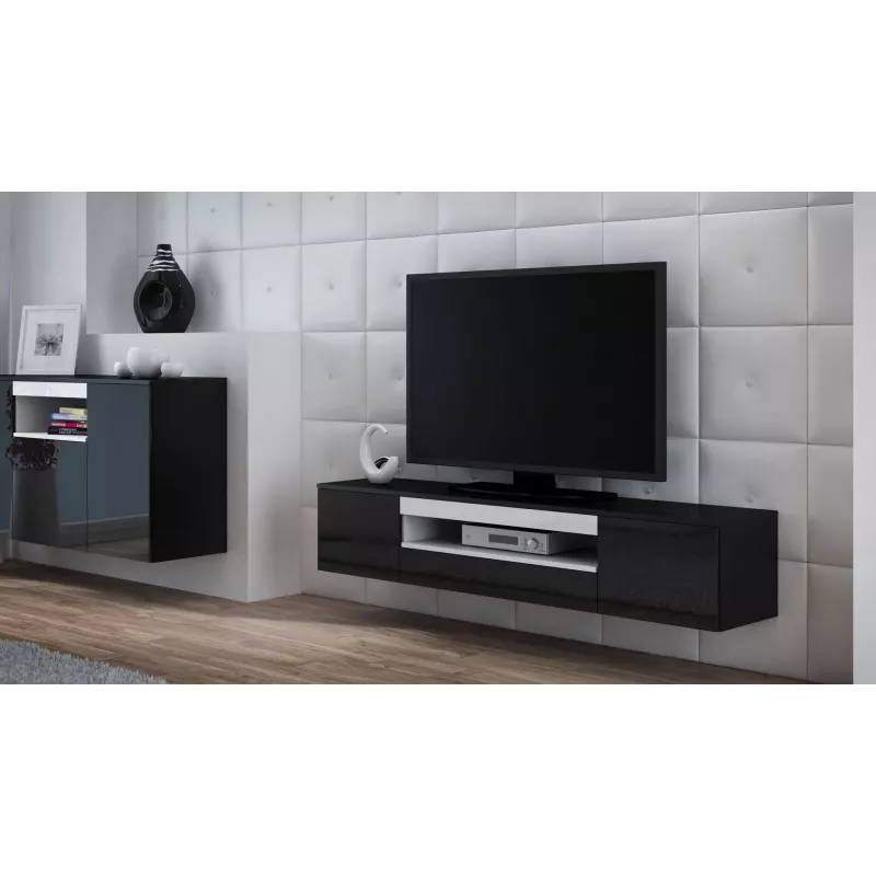 Szafka TV cama meble VIVA 180 — 1800×400×370 mm, czarny blat (płyta wiórowa), czarna rama, białe akcenty