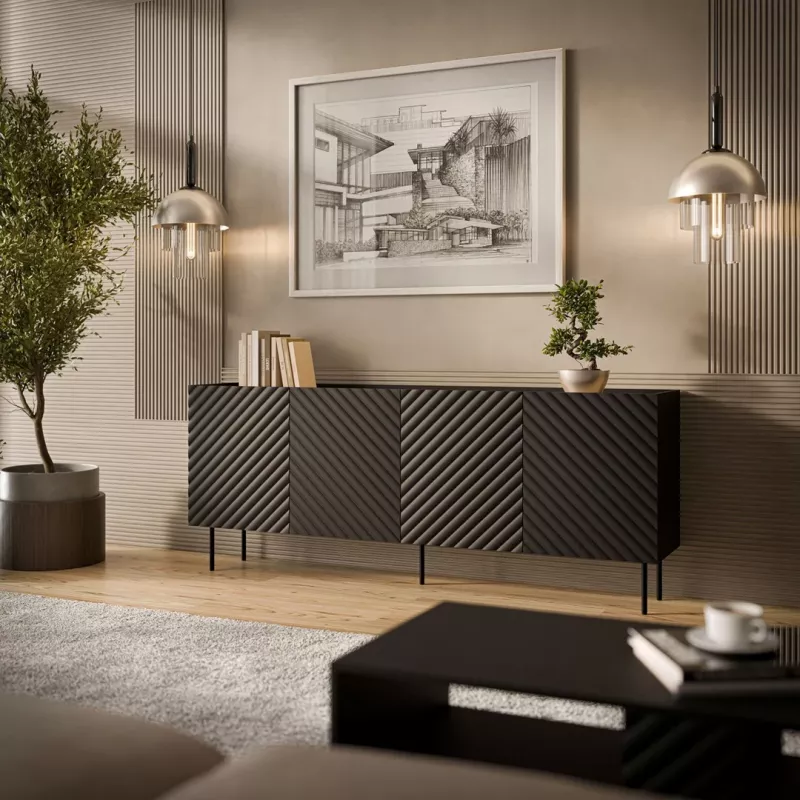 Komoda cama meble LUCCA 4D, 200×40×80 cm, czarna, korpus z płyty wiórowej
