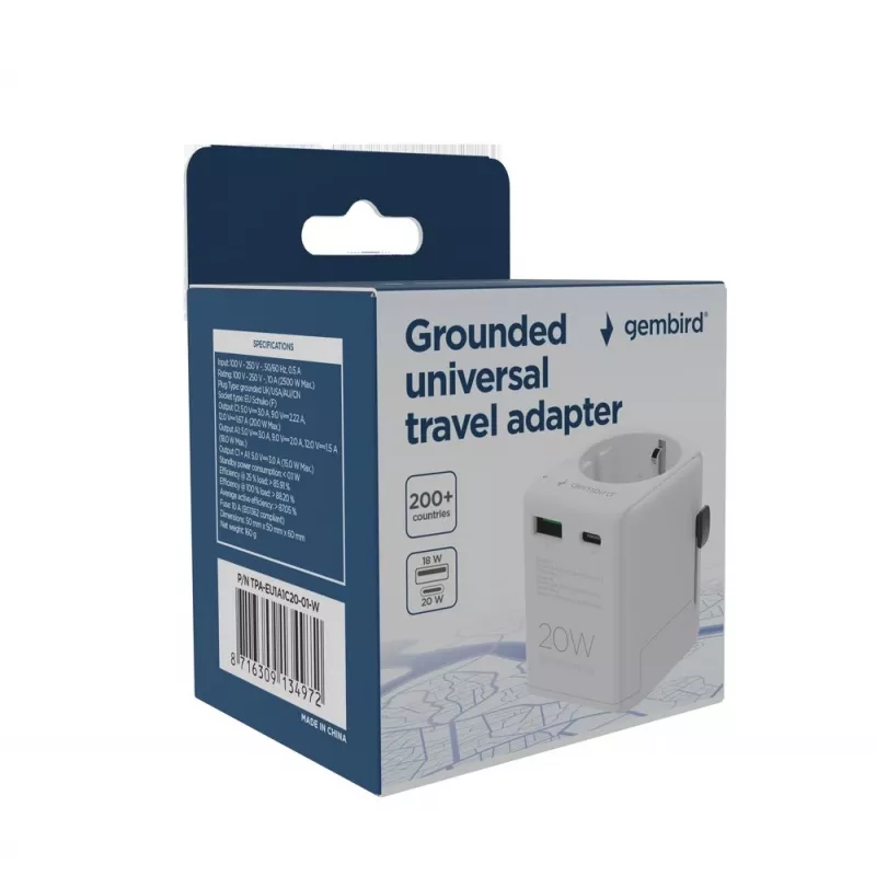 Uniwersalna ładowarka podróżna GEMBIRD TPA-EU1A1C20-01-W 20W, USB-A 18W + USB-C 20W, gniazdo Schuko, wejście 100–250V