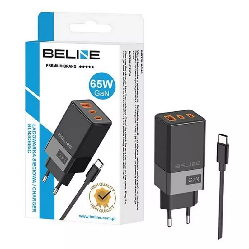 Ładowarka sieciowa Beline 2x USB-C 1x USB 65W z kablem USB-C Czarny/Czarny PD 3.0