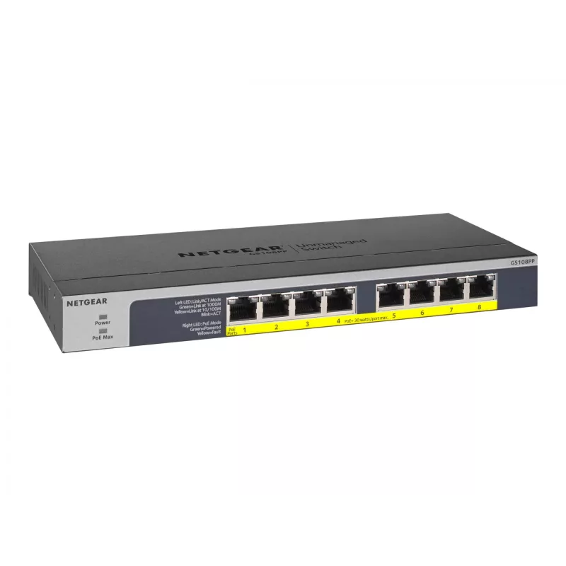 NETGEAR GS108PP Niezarządzalny przełącznik Gigabit Ethernet (10/100/1000) Power over Ethernet (PoE) Czarny