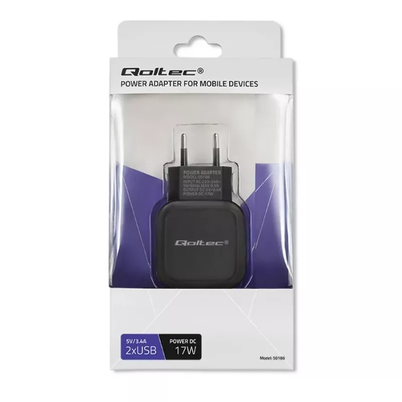 Ładowarka sieciowa QOLTEC 50186 do smartfonów i tabletów, 5 V 3,4 A, 17 W, 2× USB, czarna