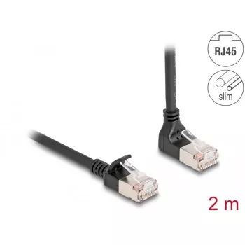 Delock - Kabel sieciowy - RJ-45 (M) do góry pod kątem do RJ-45 (M) prosty - 2,0 m - 4,5 mm - S/FTP - CAT 6a - ekranowany, bezhalogenowy - czarny (80288)