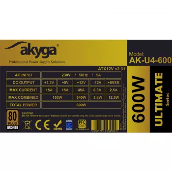 Zasilacz ATX Akyga Ultimate AK-U4-600 600 W, 80 PLUS Bronze, aktywne PFC, wentylator 120 mm