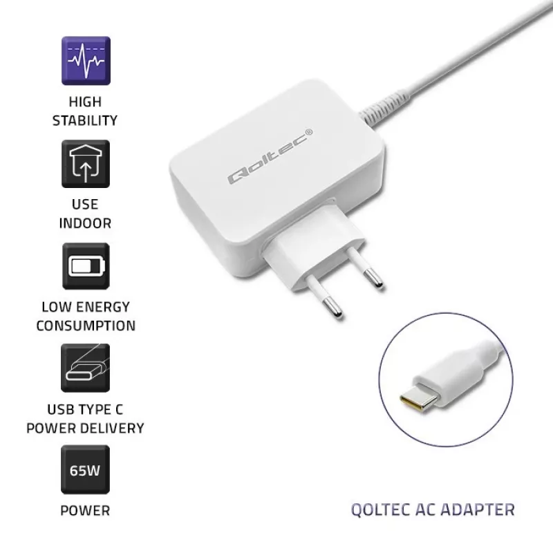 Zasilacz QOLTEC 51039 65W AC-to-DC 220–240V 20.3V/3.25A Type C biały, kabel 1.7 m