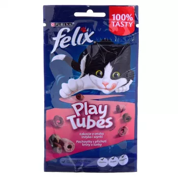 Suchy przysmak dla kota Felix Play Tubes Turkey & Ham 50 g — mięsny granulat dla dorosłych kotów, 35% białka, 19,5% tłuszczu