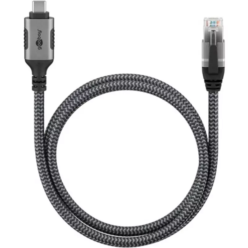 Ethernet-kabel USB-C 3.2 Gen2 Plug > RJ-45 Plug, LAN-Adapter Czarny/Srebrny, 1,5 Meter, braided textile jacket