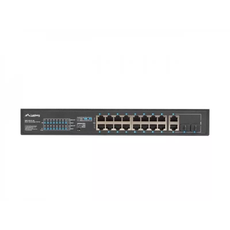 Przełącznik niezarządzalny LANBERG RSFE-16P-2C-150 — 18-portowy Gigabit, 16 PoE+/2 SFP, 150 W, 1U, metal, czarny