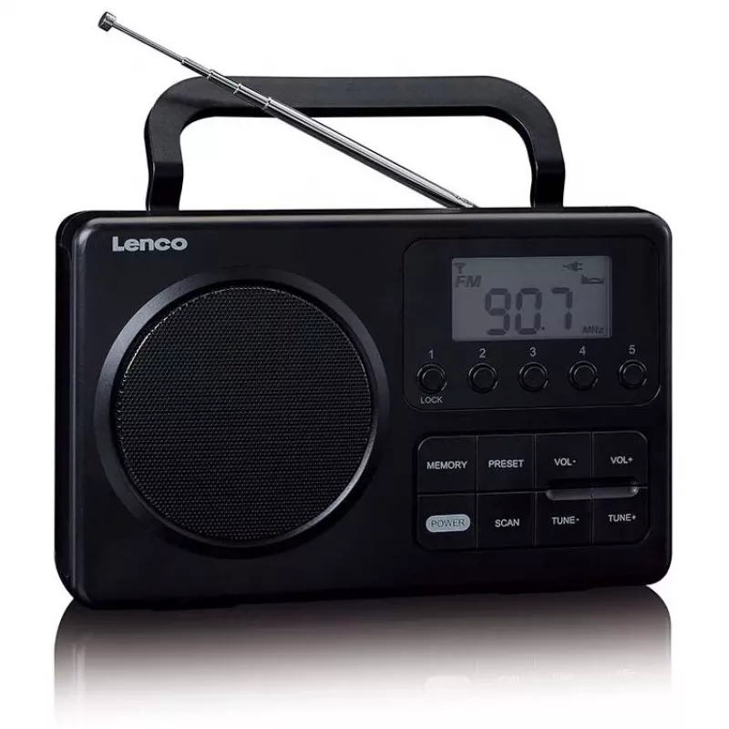 Przenośne radio Lenco MPR-035BK — FM/AM, zasilanie sieciowe i bateryjne, 2,5-calowy wyświetlacz LCD, 20 stacji FM w pamięci, wyjście 3,5 mm