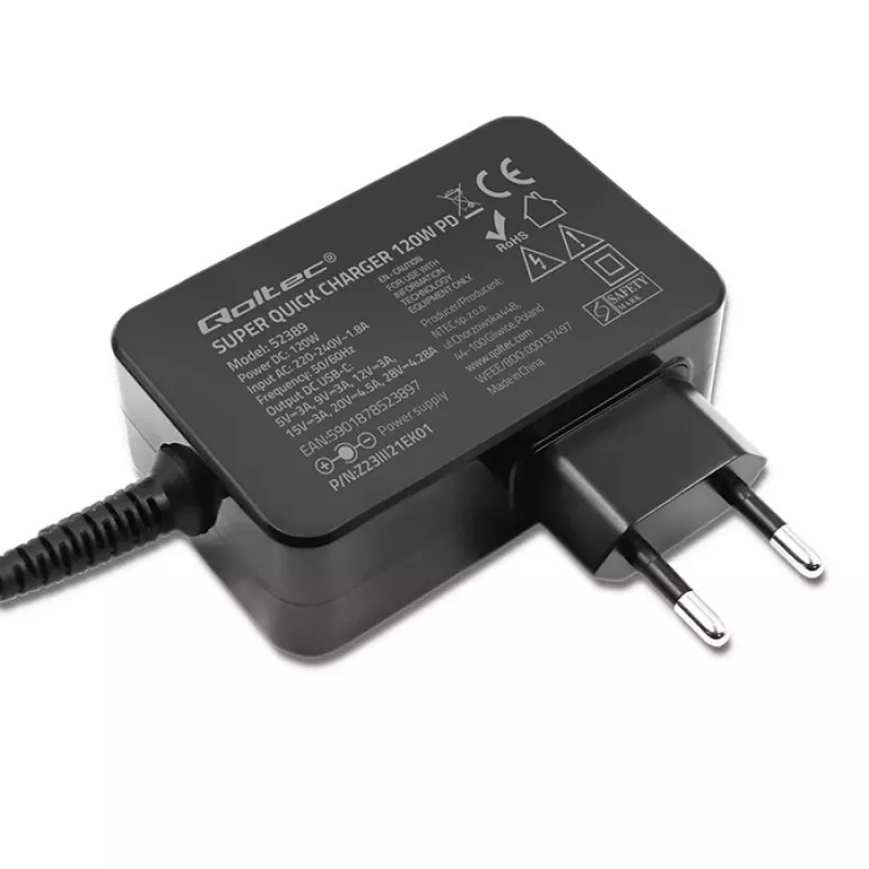 Qoltec PD 120W Turbo Fast Charger | 5-28V | 3-4.5A | USB-C | Czarny