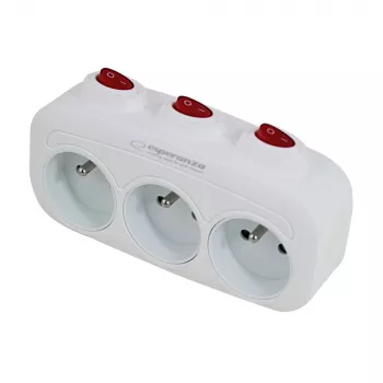 Rozdzielacz zasilania ESPERANZA ELK307W — 3-gniazdowy przełączany adapter wewnętrzny, wtyczka typu E, 220–240 V, 16 A, 3680 W, biały