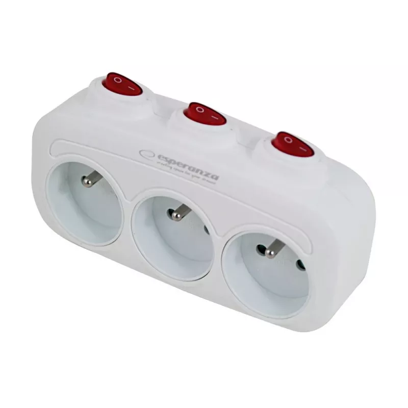 Rozdzielacz zasilania ESPERANZA ELK307W — 3-gniazdowy przełączany adapter wewnętrzny, wtyczka typu E, 220–240 V, 16 A, 3680 W, biały