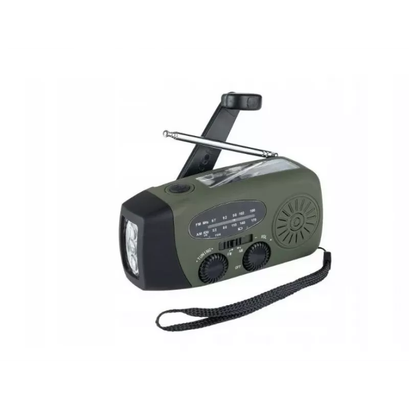 Radioodbiornik alarmowy FOSCO 464600 z latarką LED, powerbankiem, FM, IPX3, zasilanie solarne/ręczne/USB-C — zielono-czarny