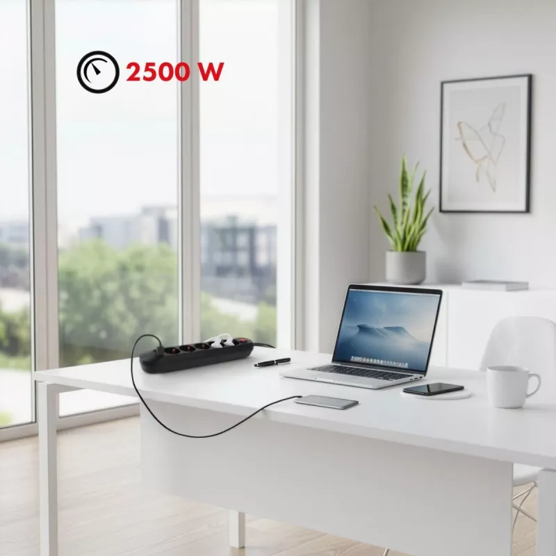 Listwa zasilająca MACLEAN MCE395 B — 5 gniazd, 3×USB, 110–240 V AC, 2,1 A USB, 2500 W, przewód 1,5 m, czarna