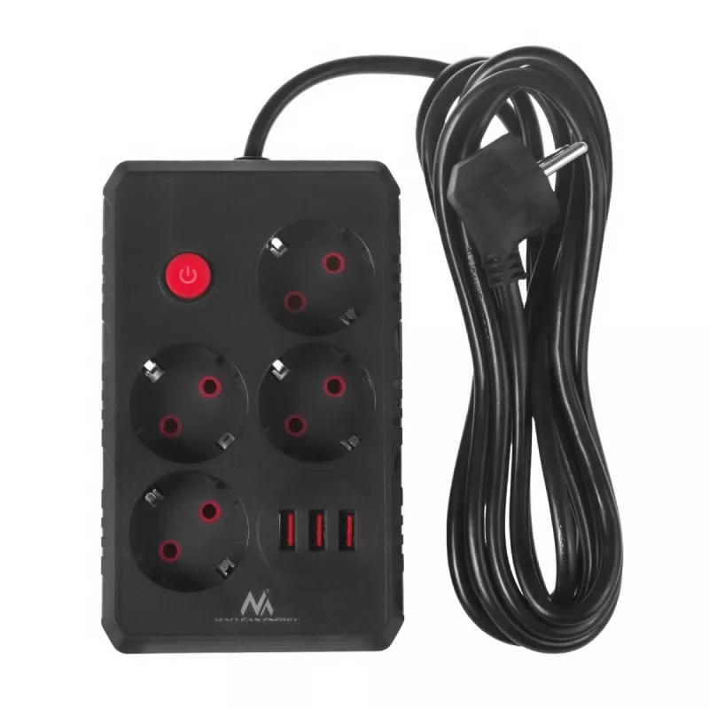 Listwa zasilająca MACLEAN MCE393 B — 4 gniazda, 3×USB, 110–240 V, 2500 W, kabel 3 m, czarna